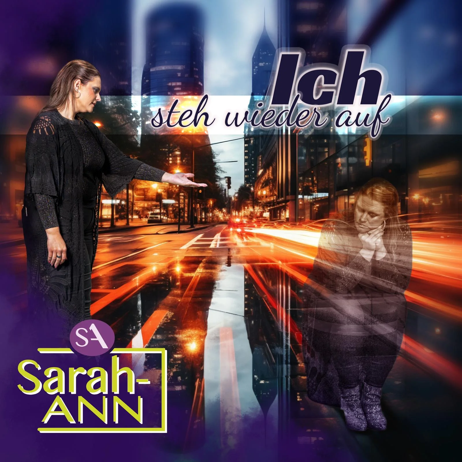 “Ich steh wieder auf” von Sarah-ANN – emotionale Darstellung mit Stadtlichtern und Doppelabbildung der Sängerin