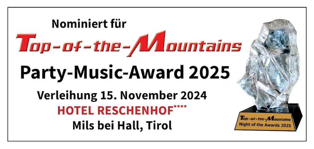 Werbegrafik für die Nominierung von Sarah-ANN zum „Top-of-the-Mountains Party-Music-Award 2025“ mit Preisstatue, rotem Schriftzug und Veranstaltungsdetails im Hotel Reschenhof, Tirol.